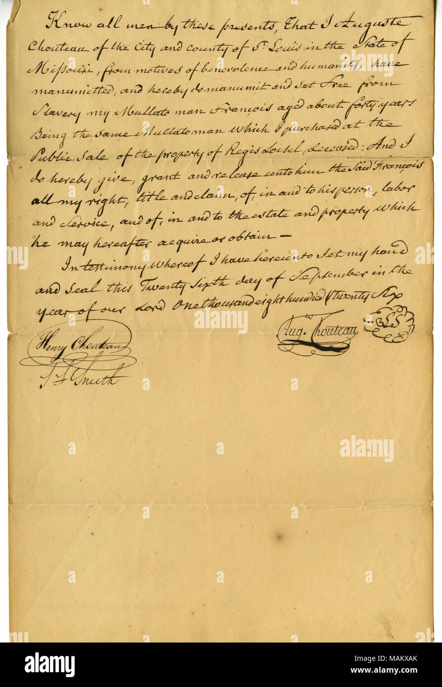 Title Manumission of slave, Francois, by Auguste Chouteau, signed Aug