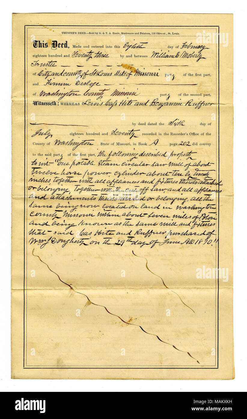 Sale of property after default of loan made through five notes as purchase money for saw mill about 7 miles from Potosi, four each for $500, with terms of 90 days, 6 months, 9 months, and one for $300 due 15 days from date of execution. The borrowers defaulted on the loans due six months and nine months from date of execution. Sale of property was advertised in the Missouri Democrat: original confirmation of printing and clipping from newspaper included, document signed by Richard Homs, publisher of Missouri Democrat. Personal property defaulted: one portable steam circular saw mill, 12 hp, an Stock Photo