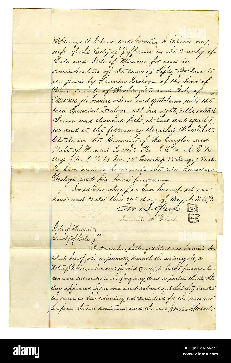 Purchase of land by Firmin Desloge from George B. Clark, and wife Cornelia A. Clark (of Jefferson City), for the sum of $50. Property transferred: The SE 1/4 NE 1/4 and E 1/2 SW 1.4 Section 15, Range 1 West in Washington County. Title: Deed signed George B. Clark and Cornelia A. Clark, Jefferson City, May 30, 1873  . 30 May 1873. Clark, George B. Stock Photo