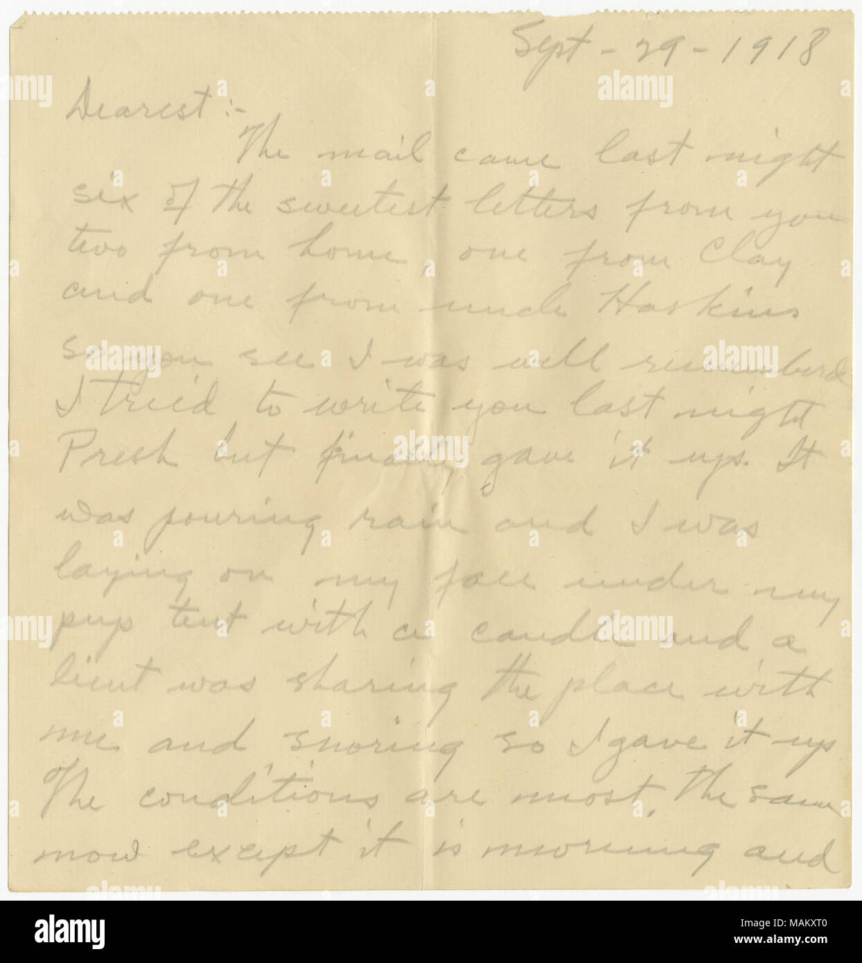 Mentions waiting in camp for orders. Comments on the war news of the day. Cautions his wife against being childish and being too familiar with other men. Title: Letter signed Charles [Charles Day], [France], to Dearest [Marguerite King Day], September 29, 1918  . 29 September 1918. Day, Charles M., 1890-1963 Stock Photo