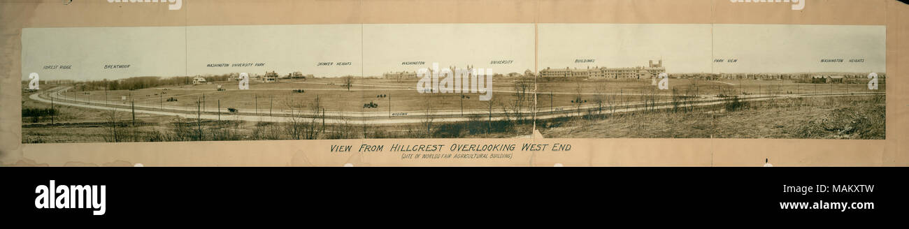Horizontal, sepia panorama showing Washington University and the surrounding area. Buildings, neighborhoods and roads are identified in black writing directly on the print. The photo is mounted to a paper mat with black print in the lower center reading: 'View From Hillcrest Overlooking West End (site of World's Fair Agricultural Building).' The print has been folded in the past and has several bad cracks and creases. It may have been a series of smaller prints mounted together rather than a true panorama. Title: 'View From Hillcrest Overlooking West End (site of World's Fair Agricultural Buil Stock Photo