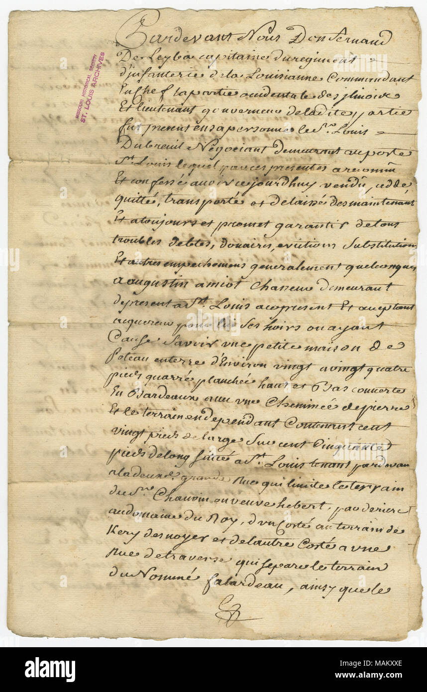 Title: Property transfer from Louis Dubreuil to Augustin Amiot, 1778 and 1779  . between 1778 and 1779. Dubreuil, Louis Stock Photo