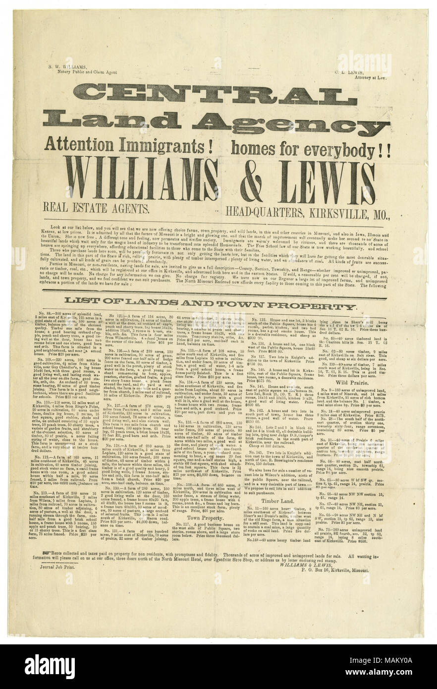 Directing ad to immigrants, emphasizing lands available in Missouri, Iowa, Illinois, and Kansas. Title: Advertisement of William and Lewis, real estate agents, with headquarters in Kirksville, Mo., ca. 1870  . circa 1870. Journal Job Print Stock Photo