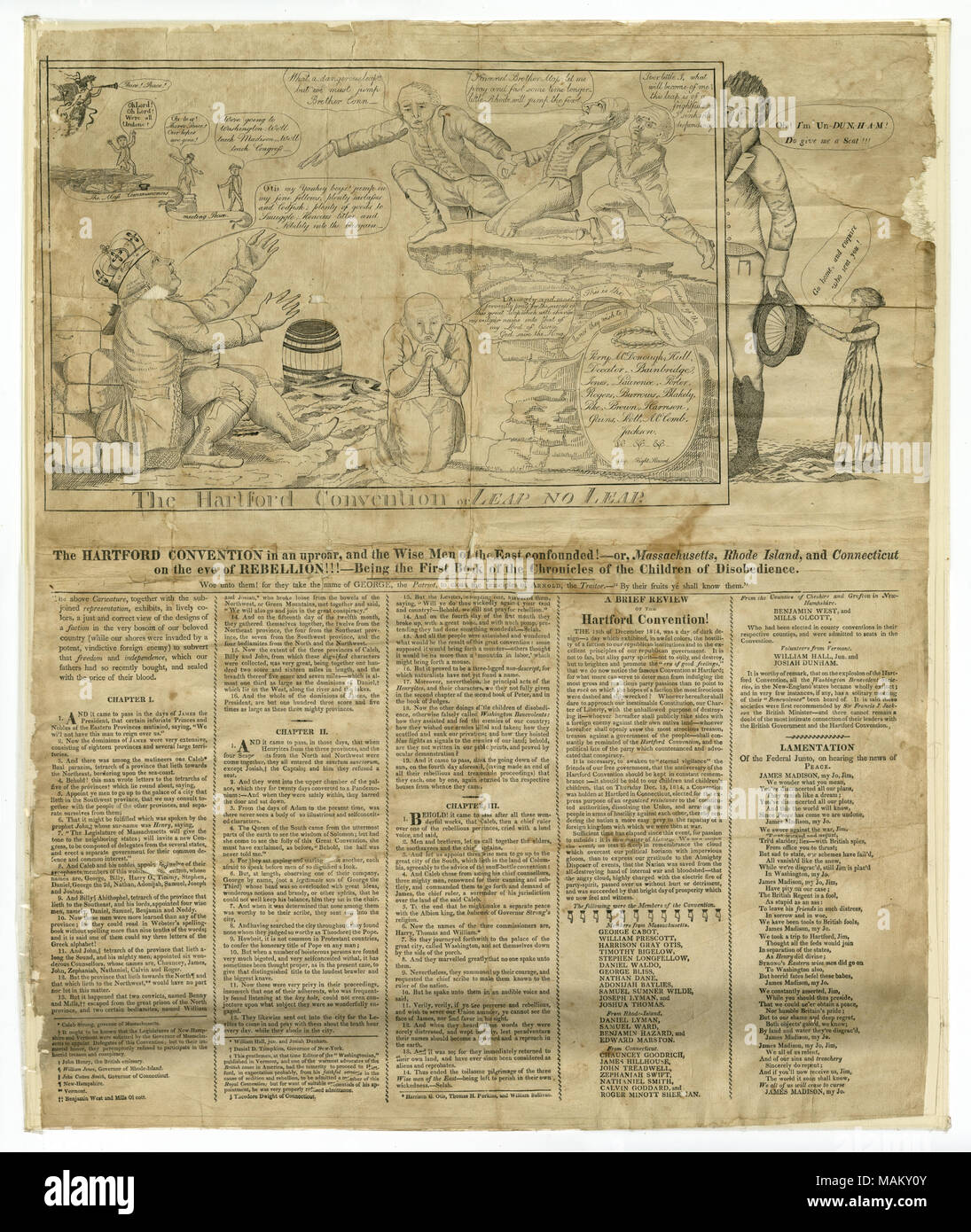 Title: Broadside, printed and illustrated, satire on the Hartford Convention, or 'Leap No Leap,' being the first book of the Chronicles of the Children of Disobedience, 1815  . 1815. Stock Photo
