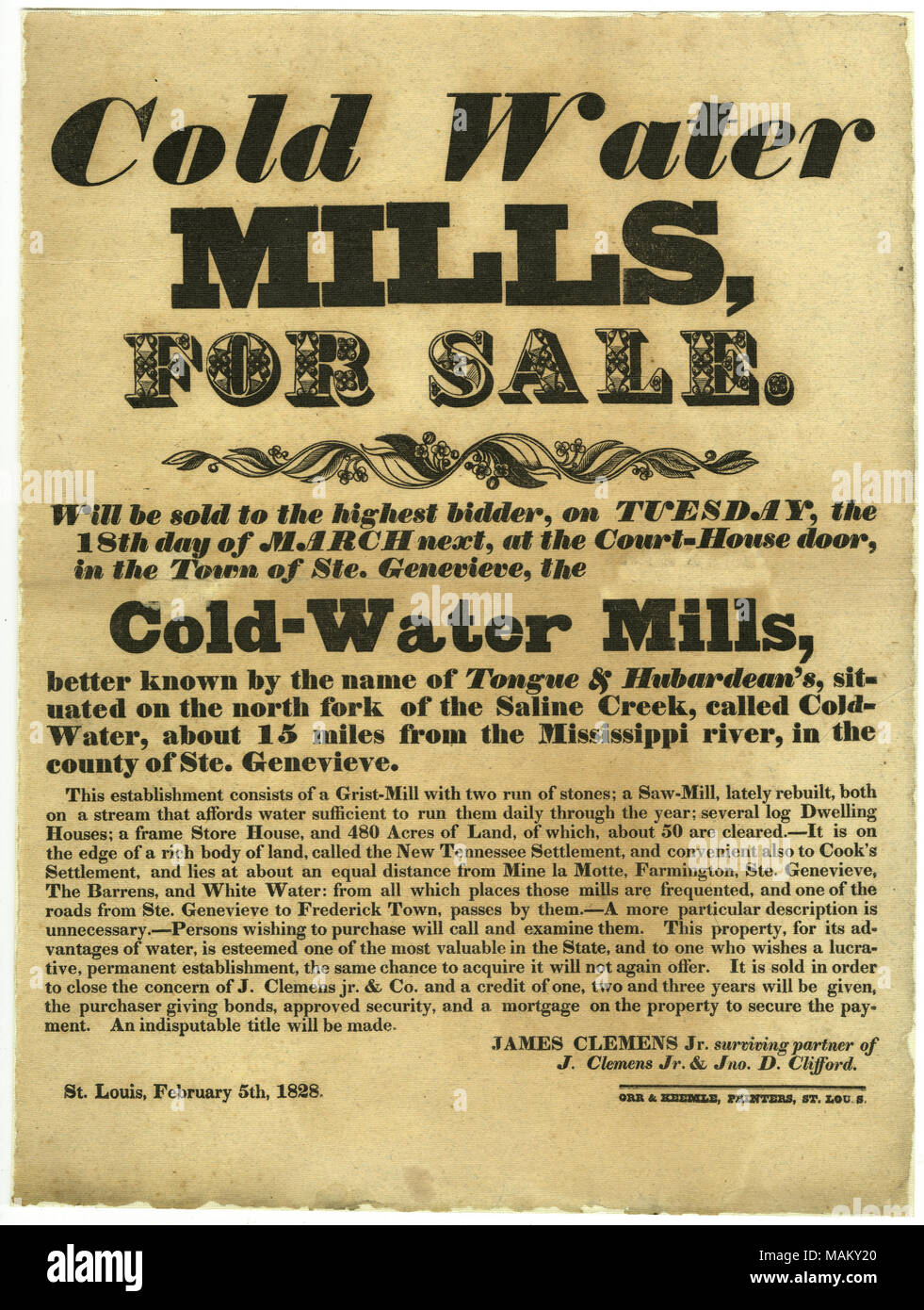 Broadside: Cold Water Mills for Sale, Ste. Genevieve, February 5, 1828. Broadsides Collection, Missouri History Museum Archives, St. Louis. ID Number=A0181-29664. Stock Photo