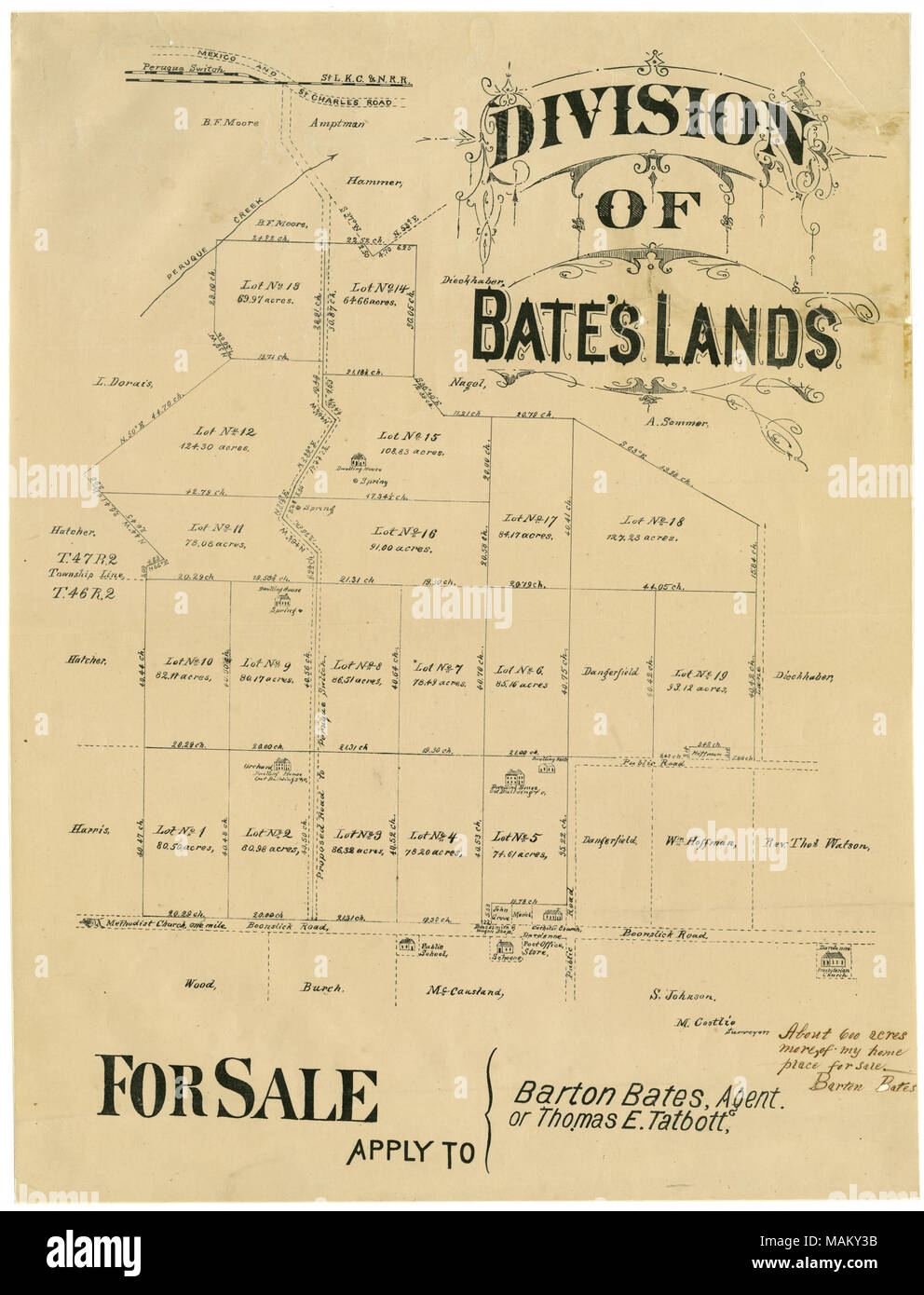 About 600 acres, plats between St. Charles road and Boonslick road, with sketches of Dardenne post office, store, wagon shop, blacksmith shop, churches, homes. 'Apply to Barton Bates, agent, or Thomas E. Talbott.' Title: Poster advertising the division of Bates' lands, ca. 1870  . circa 1870. Bates, Barton Stock Photo