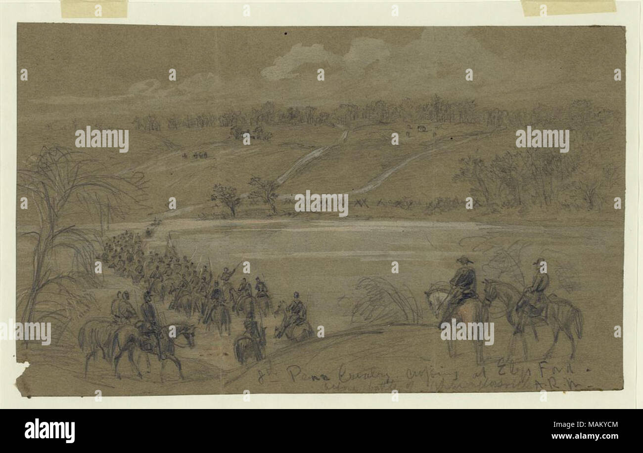 8th Penn Cavalry, crossing at Ely's Ford, before battle of Chancellorsville. Harper's Weekly, May 16, 1863, p. 308. 1 drawing on olive paper-?: pencil and Chinese white-?; 14.1 x 23.6 cm. (sheet).  . 1863 April-May.   Alfred Waud - Stock Photo