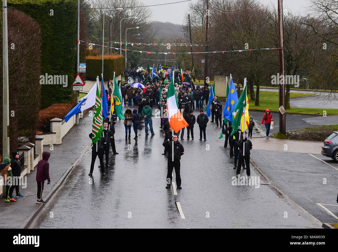 Carrickmore, UK. 2nd April, 2018. The Tyrone National Graves Annual Commemoration took place in Carrickmore, on Easter Monday, upwards of 300 people attended the annual remembrance. Tyrone: UK: 2nd April 2018 Credit: Mark Winter/Alamy Live News Stock Photo