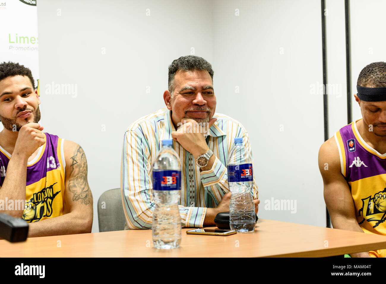 London, UK, 02/04/2018. Big Baller's London Clash at The Copper Box Arena  A very exciting game basketball ball game where Lithuania's Vytautas BC beat London Lions 127 vs 110. London Lion’s coach Vince Macaulay in the press conference after the game with Jordon Spencer (33) (c) pmgimaging /Alamy Live News Stock Photo