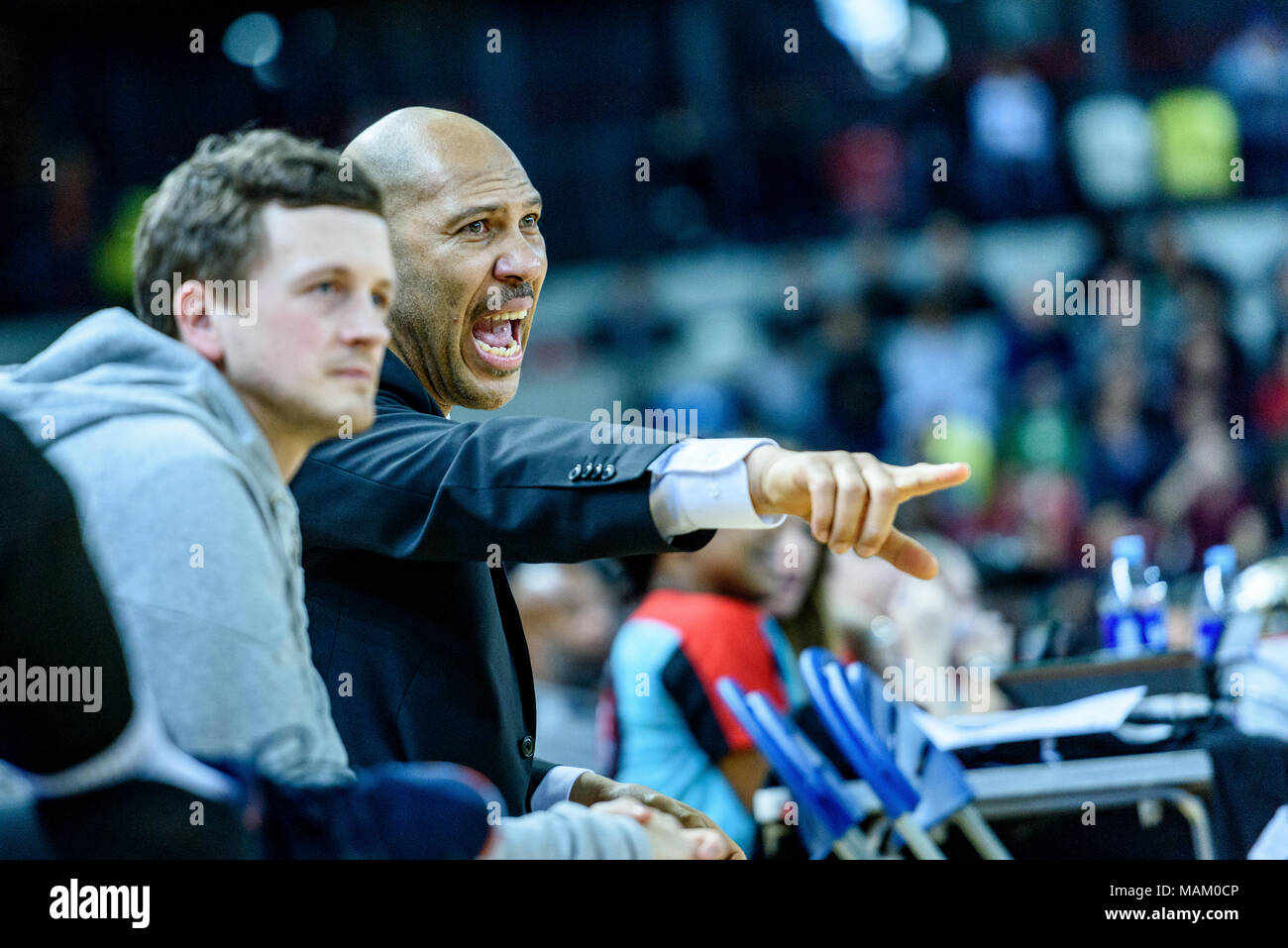 London, UK, 02/04/2018. Big Baller's London Clash at The Copper Box Arena  A very exciting game basketball ball game where Lithuania's Vytautas BC beat London Lions 127 vs 110. Big Baller Brand (BBB) Coaching during the game,  (c) pmgimaging /Alamy Live News Stock Photo