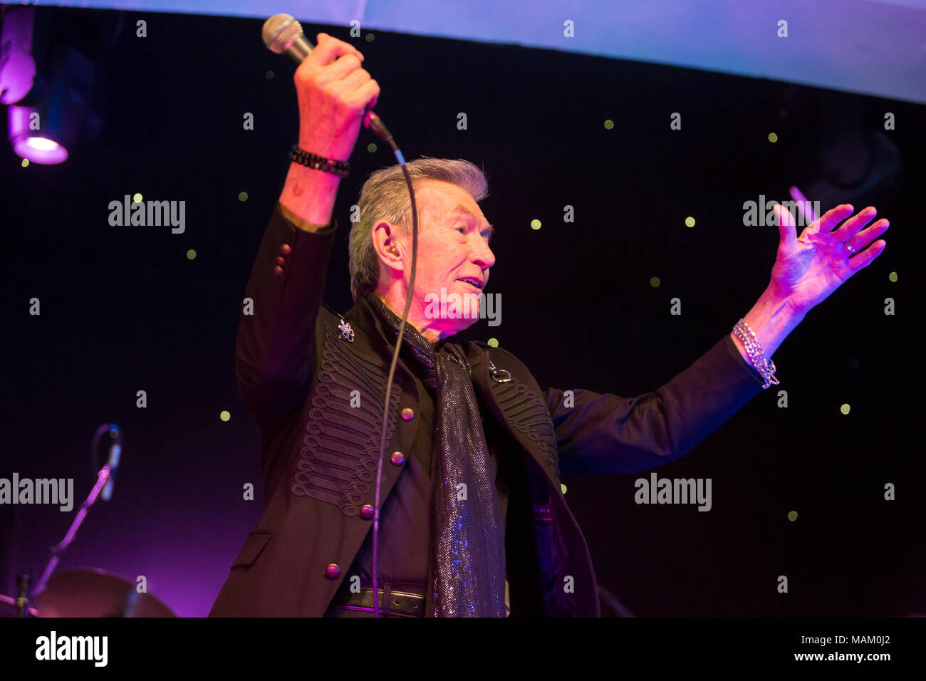 Nantwich, Cheshire, UK. 2nd April, 2018. Dave Berry performs live at the Nantwich Civic Hall as part of the Oh Boy It's the non-stop Sixties show during the 22nd Nantwich Jazz, Blues and Music Festival. Credit: Simon Newbury/Alamy Live News Stock Photo