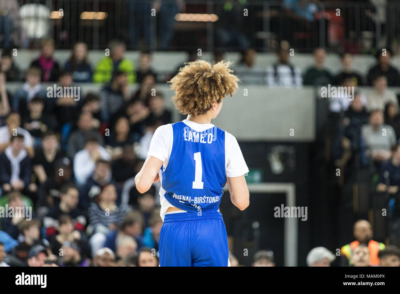 Copper Box Arena, London, 2nd April 2018. The London Lions played an  international friendly game against Lithuanian LKL side BC Vytautas Prienu.  US born brothers Lamelo and LiAngelo Ball, sons of Lavar