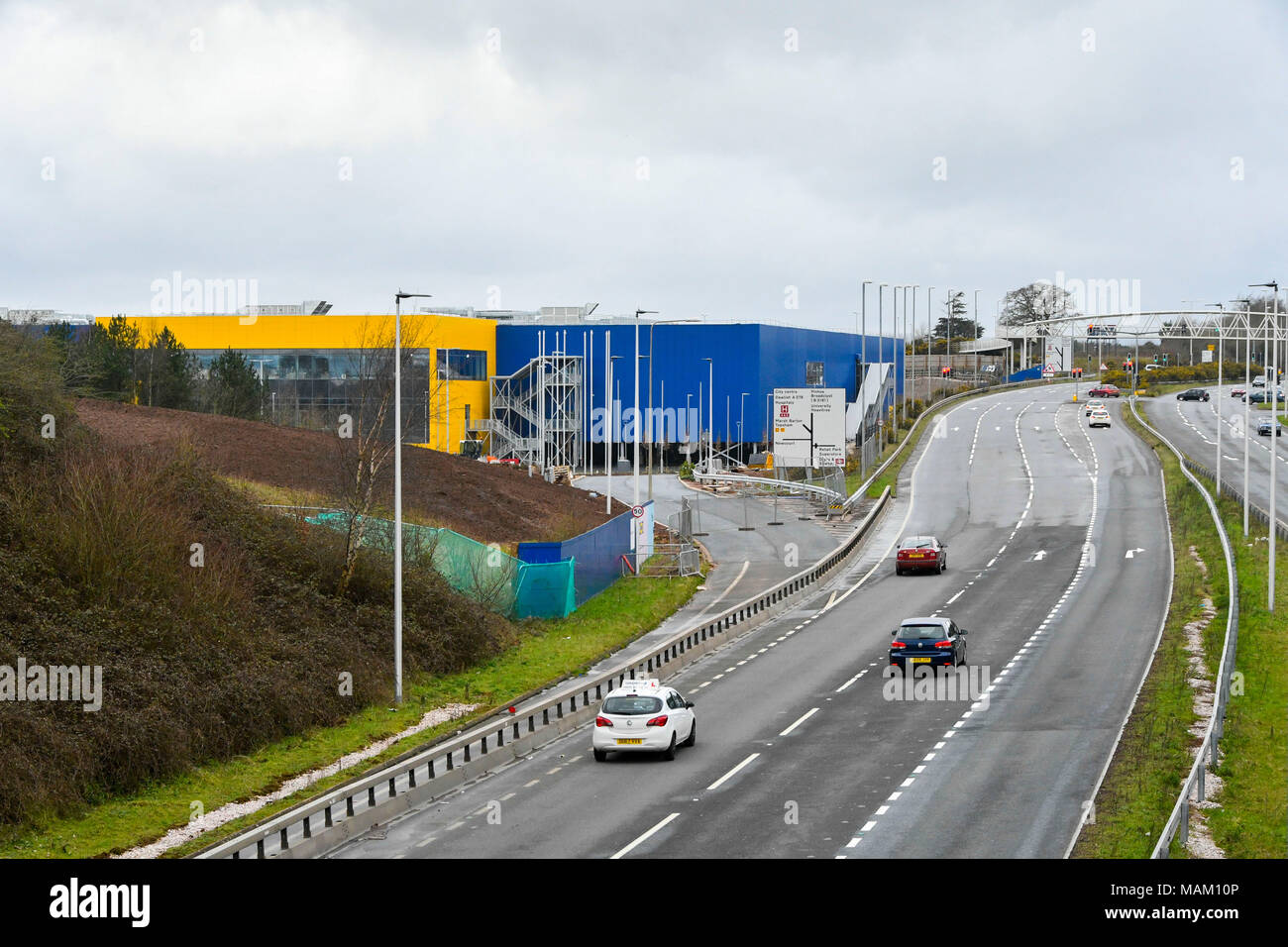 Exeter, Devon, UK. 2nd April 2018.  Constuction of the new £80 million IKEA store at Newcourt Way at Exeter in Devon approaching completion ahead it opening on 10th May.  Originally it was announced that it would open on May 1st but the opening has been delayed by 10 days due to the recent 'Beast from the East' cold spells March.  It is the 21st IKEA store to open in the UK and will be the retailers most sustainable store to date.  Picture Credit: Graham Hunt/Alamy Live News Stock Photo