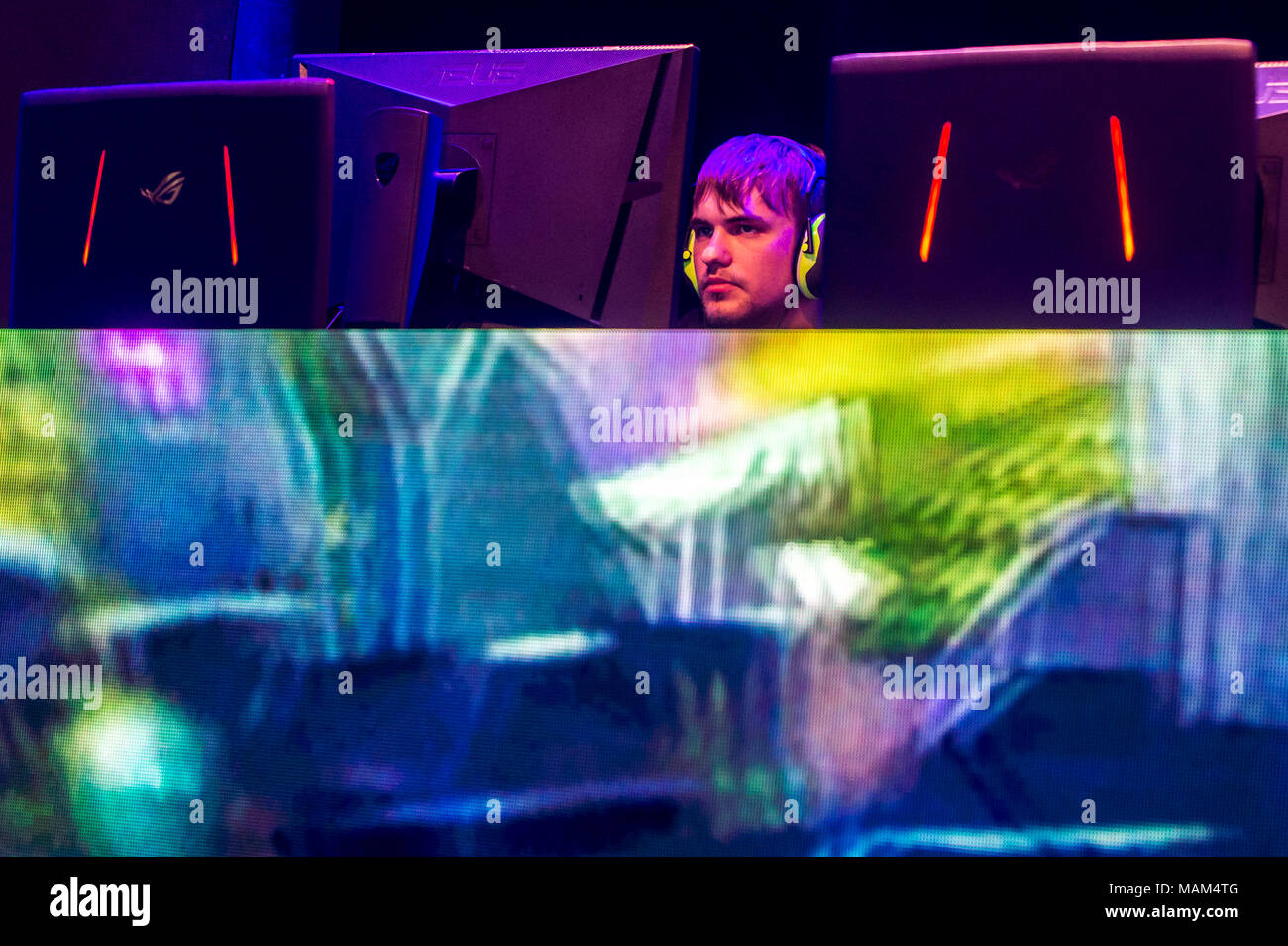 Svitavy, Czech Republic. 01st Apr, 2018. Hitpoint Legends - finals of national league in professional playing of League of Legends computer game was held in Svitavy, Czech Republic, on April 1, 2018. Credit: David Tanecek/CTK Photo/Alamy Live News Stock Photo