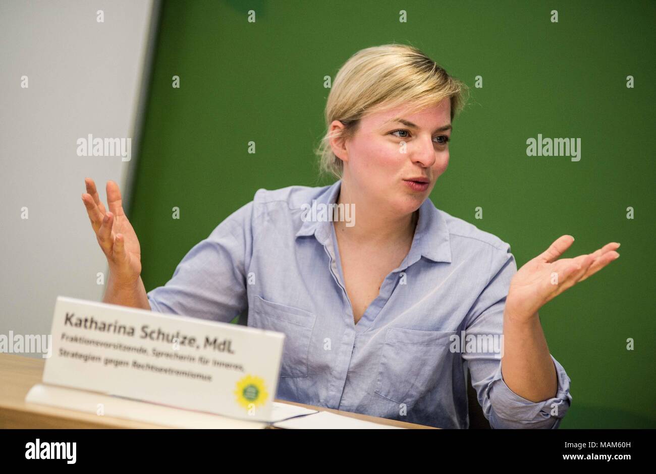 Munich, Bavaria, Germany. 3rd Apr, 2018. Bavarian Lantag (Parliament) member from the Gruene Fraktion (Green Party Fraction) held a press conference ahead of the release of the newest Bavarian Verfassungsschutz (Secret Service) report. Schulze has, among other areas, right-wing extremism as her areas of focus and presented her report on the dangers of the right-wing spectrum in Bavaria and Germany, including acts of extremism and terror against foreigners, refugees, refugee helpers, politicians, and other targets. In 2017, there were a total of 1,829 right-extremist crimes. 18 times refug Stock Photo