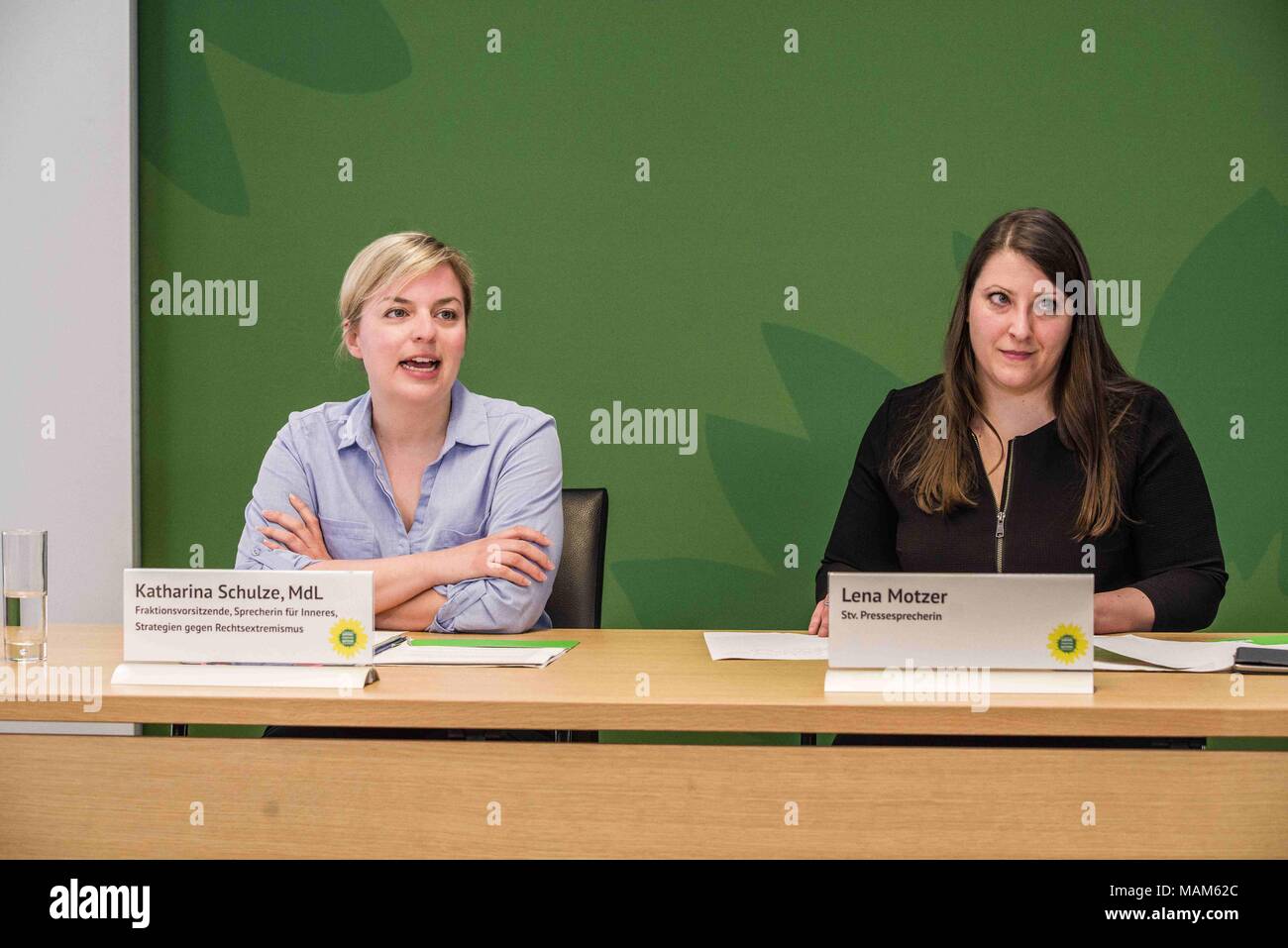 Munich, Bavaria, Germany. 3rd Apr, 2018. Bavarian Lantag (Parliament) member from the Gruene Fraktion (Green Party Fraction) held a press conference ahead of the release of the newest Bavarian Verfassungsschutz (Secret Service) report. Schulze has, among other areas, right-wing extremism as her areas of focus and presented her report on the dangers of the right-wing spectrum in Bavaria and Germany, including acts of extremism and terror against foreigners, refugees, refugee helpers, politicians, and other targets. In 2017, there were a total of 1,829 right-extremist crimes. 18 times refug Stock Photo