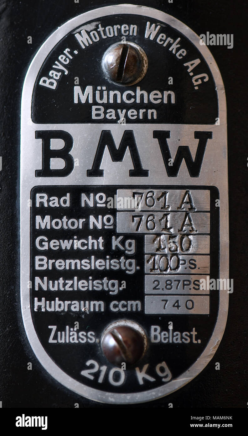 27 March 2018, Germany, Augustusburg: The nameplate of the BMW racing machine WR 750 Kompressor from 1935 in the new special exhibition in the Motorcycle Museum Schloss Augustusburg. The exhibition with the slogan 'Hunting for a record on two wheels' shows, starting 28 March, 15 historical record and race vehicles from six decades. The exhibition reflects the fight for seconds, the competition for the highest engine power and the most skilful aerodynamics among motorcycle manufacturers. Photo: Hendrik Schmidt/dpa-Zentralbild/ZB Stock Photo
