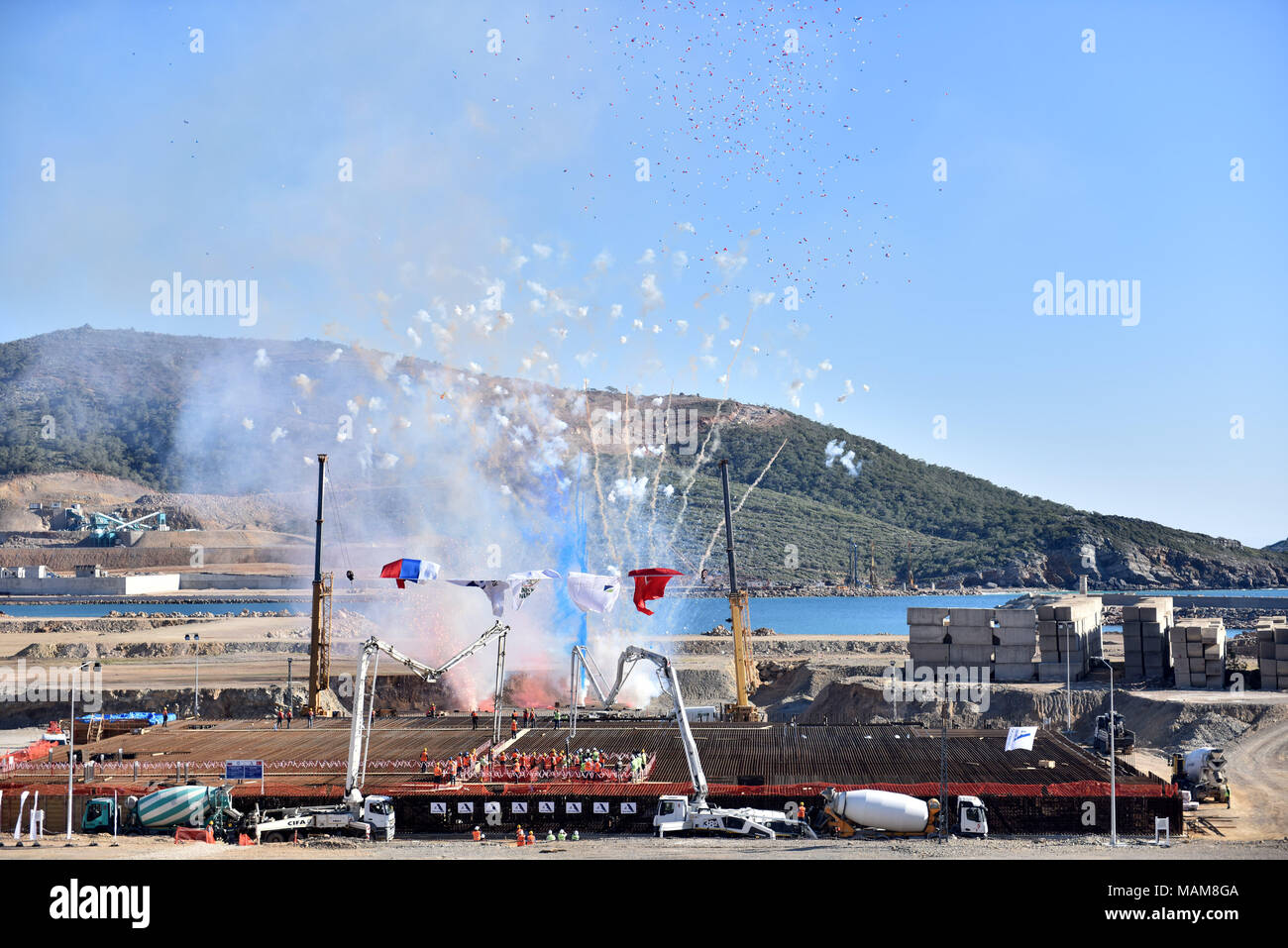 Mersin. 4th Apr, 2018. Photo taken on April 3, 2018 shows a view of the groundbreaking ceremony of Akkuyu Nuclear Power Plant in Mersin, Turkey. The groundbreaking ceremony of Turkey's first nuclear power plant, Akkuyu Nuclear Power Plant, was held Tuesday in Turkey's southern Mersin province with the participation of Turkish and Russian presidents via video teleconference from Ankara. Credit: Xinhua/Alamy Live News Stock Photo