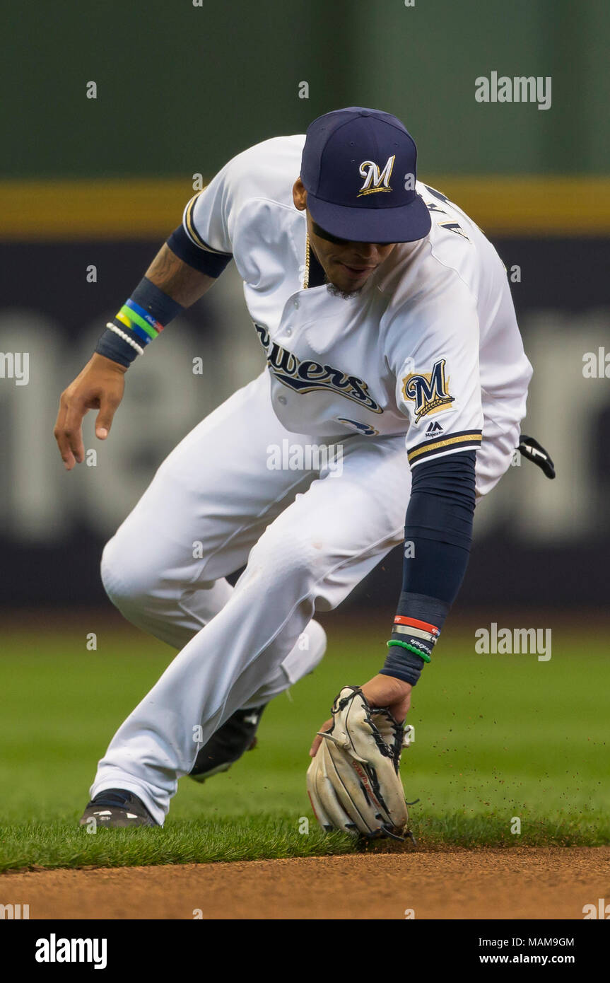 Milwaukee, WI, USA. 2nd Apr, 2018. Milwaukee Brewers shortstop Orlando Arcia #3 fields a ground ball during the Major League Baseball game between the Milwaukee Brewers and the St. Louis Cardinals at Miller Park in Milwaukee, WI. Cardinals defeated the Brewers 8-4. John Fisher/CSM/Alamy Live News Stock Photo