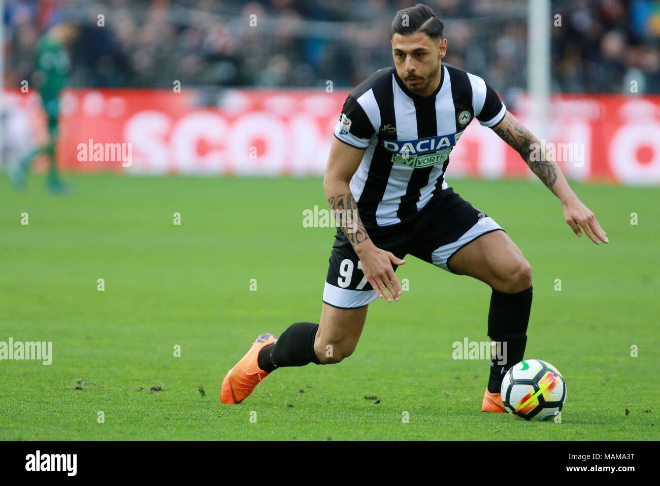 Udine, Italy. 3rd April, 2018. ITALY, Udine: Udinese's forward Giuseppe Pezzella controls the ball during the Serie A football match between Udinese Calcio v AC Fiorentina at Dacia Arena Stadium on 3rd April, 2018. Credit: Andrea Spinelli/Alamy Live News Stock Photo