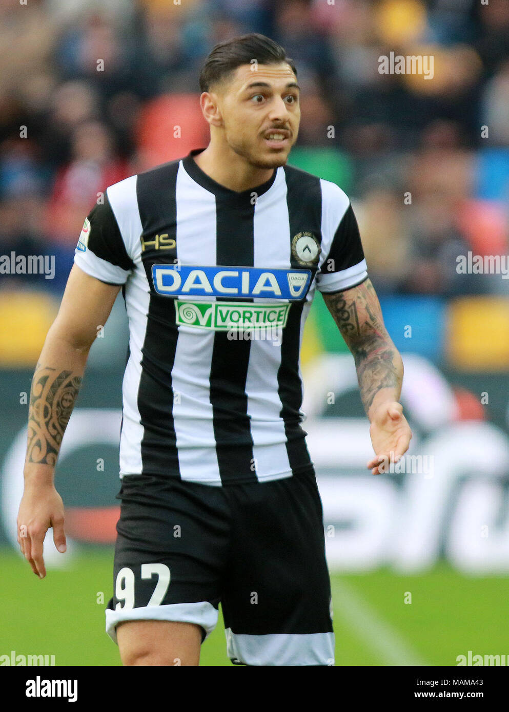 Udine, Italy. 3rd April, 2018. ITALY, Udine: Udinese's forward Giuseppe Pezzella reacts during the Serie A football match between Udinese Calcio v AC Fiorentina at Dacia Arena Stadium on 3rd April, 2018. Credit: Andrea Spinelli/Alamy Live News Stock Photo