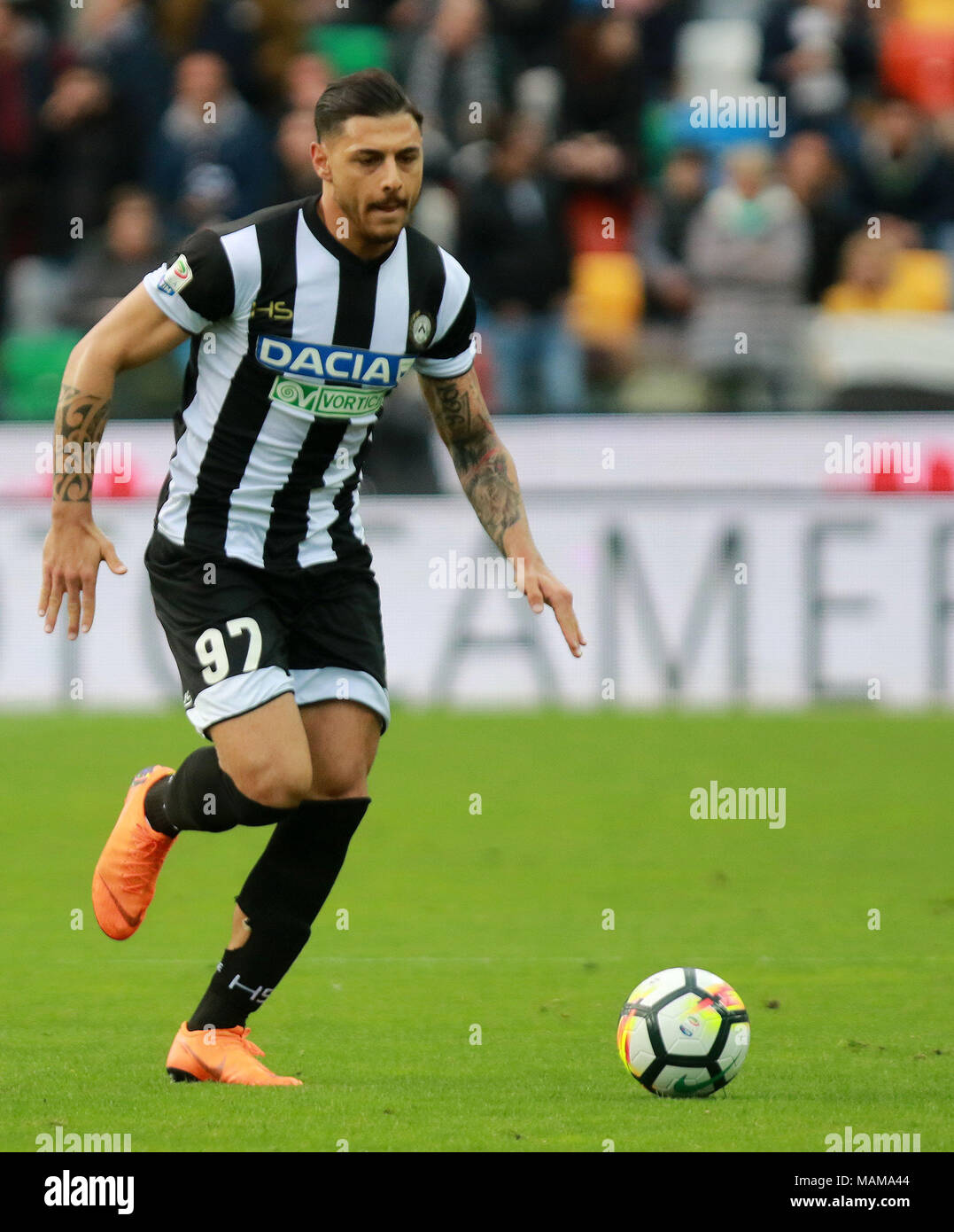 Udine, Italy. 3rd April, 2018. ITALY, Udine: Udinese's forward Giuseppe Pezzella runs with the ball during the Serie A football match between Udinese Calcio v AC Fiorentina at Dacia Arena Stadium on 3rd April, 2018. Credit: Andrea Spinelli/Alamy Live News Stock Photo