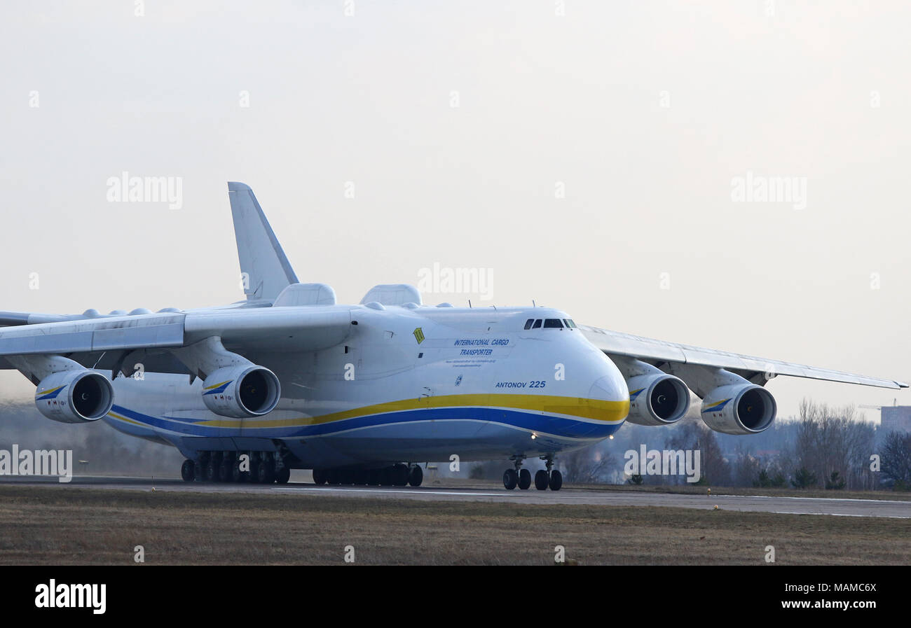 Kiev, Ukraine. 3rd April, 2018. Ukrainian Antonov An-225 'Mriya' aircraft takes off from the Gostomel airport in Kiev, Ukraine. The giant cargo plane is flying to German Leipzig, for further commercial flights. An-225 is the heaviest aircraft ever built. Credit: Oleksandr Prykhodko/Alamy Live News Stock Photo