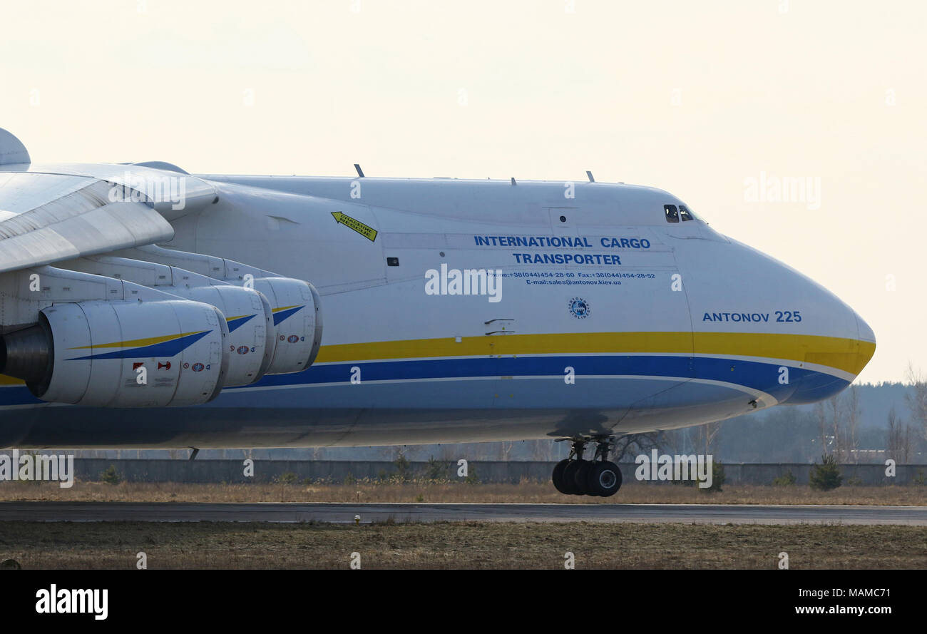 Kiev, Ukraine. 3rd April, 2018. Ukrainian Antonov An-225 'Mriya' aircraft takes off from the Gostomel airport in Kiev, Ukraine. The giant cargo plane is flying to German Leipzig, for further commercial flights. An-225 is the heaviest aircraft ever built. Credit: Oleksandr Prykhodko/Alamy Live News Stock Photo