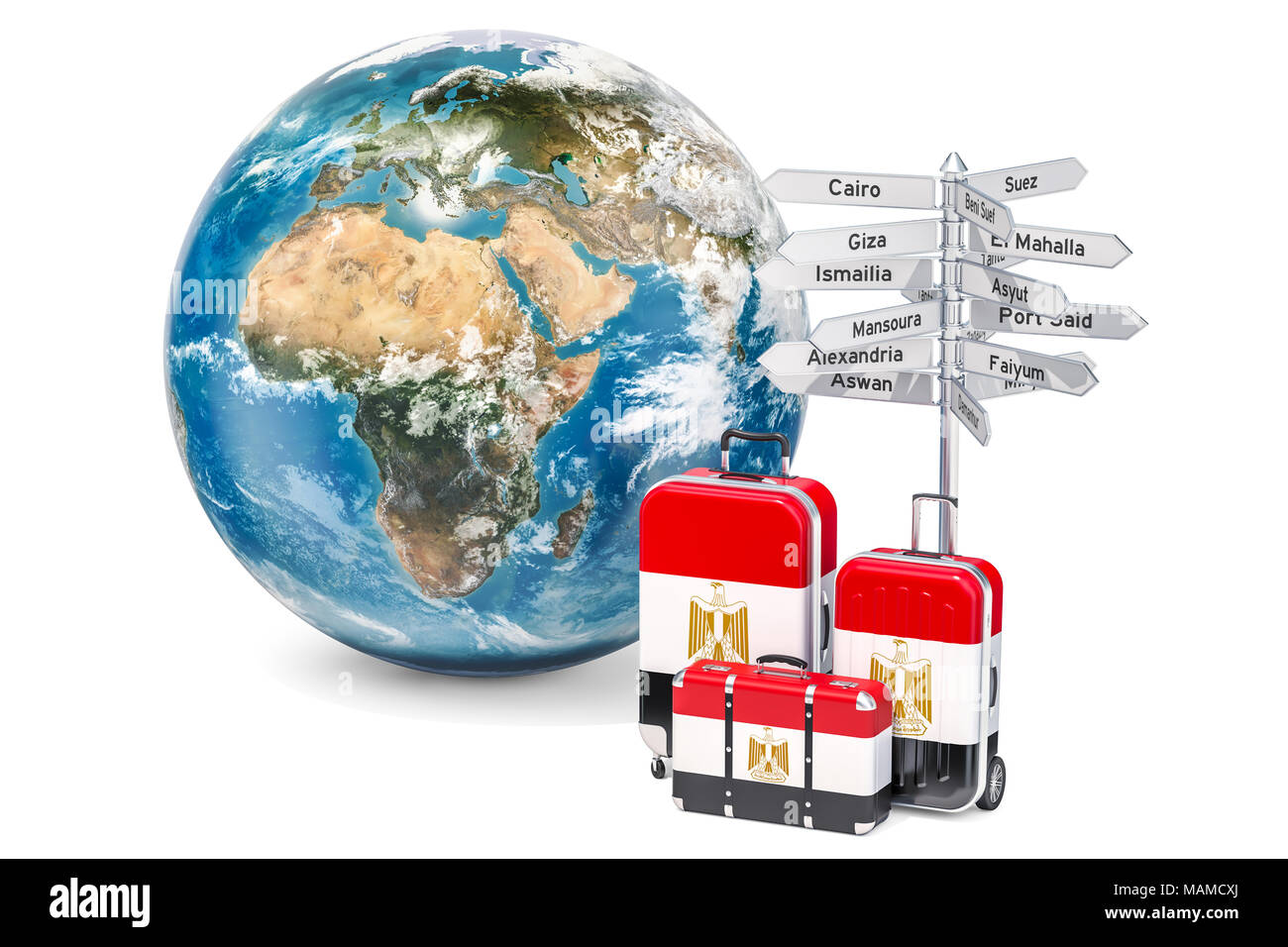 Egypt travel concept. Suitcases with Egyptian flag, signpost and Earth