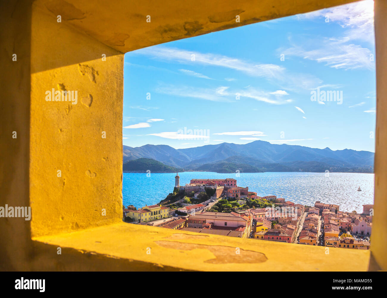 Elba island, Portoferraio aerial view from old window, Lighthouse and fort. Tuscany, Italy, Europe. Stock Photo