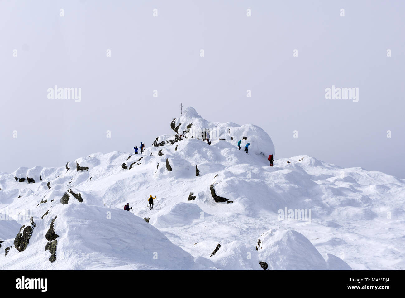 group of mountaineers reached the top of Mount Konzhakovskiy Kamen  - a  'mountain massif' of height 1,569 m in the Northern Urals,  Sverdlovsk Oblast Stock Photo