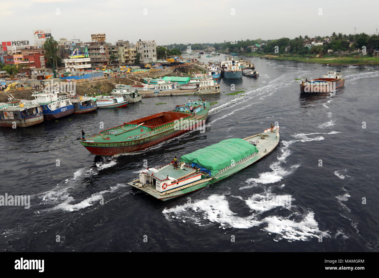 DHAKA-2018. Boats on the polluted turag River in Dhaka. Stock Photo