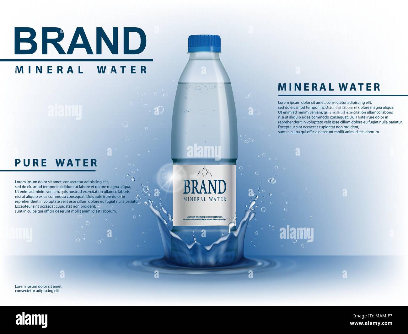 Pure Mineral Water Ad Plastic Bottle With Water Drop Elements On Blue Background Transparent Drinking Water Bottle With Your Brand For Ads Or Magazine Design 3d Vector Illustration Stock Vector Image
