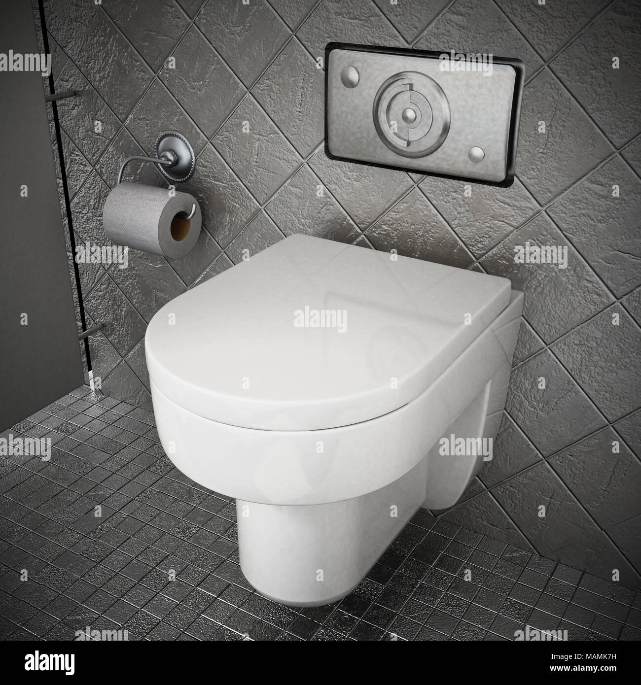 Modern toilet inside restroom covered with gray stones. 3D illustration ...