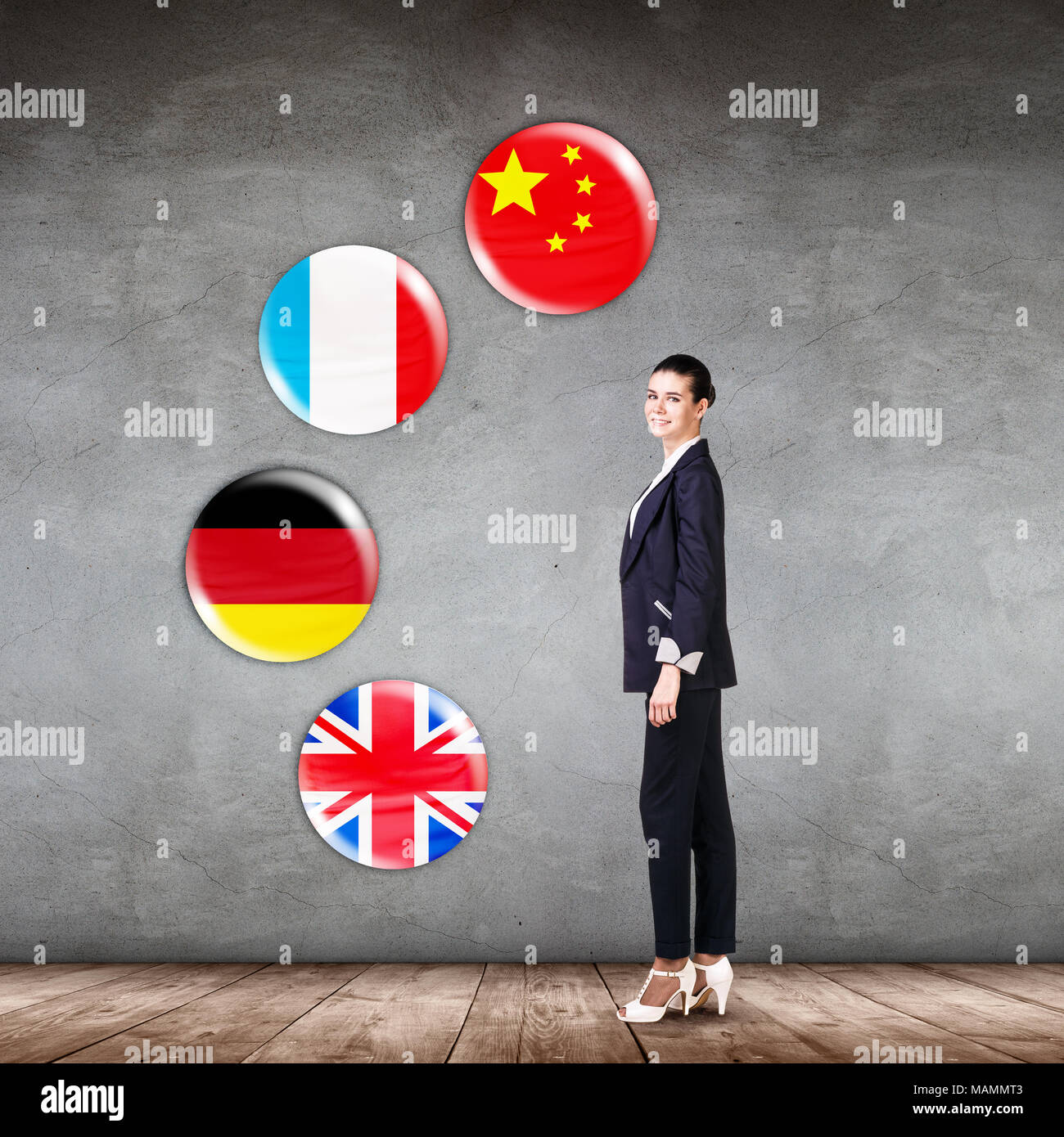 Business woman surrounded by dialogue bubbles with countries flags. Stock Photo