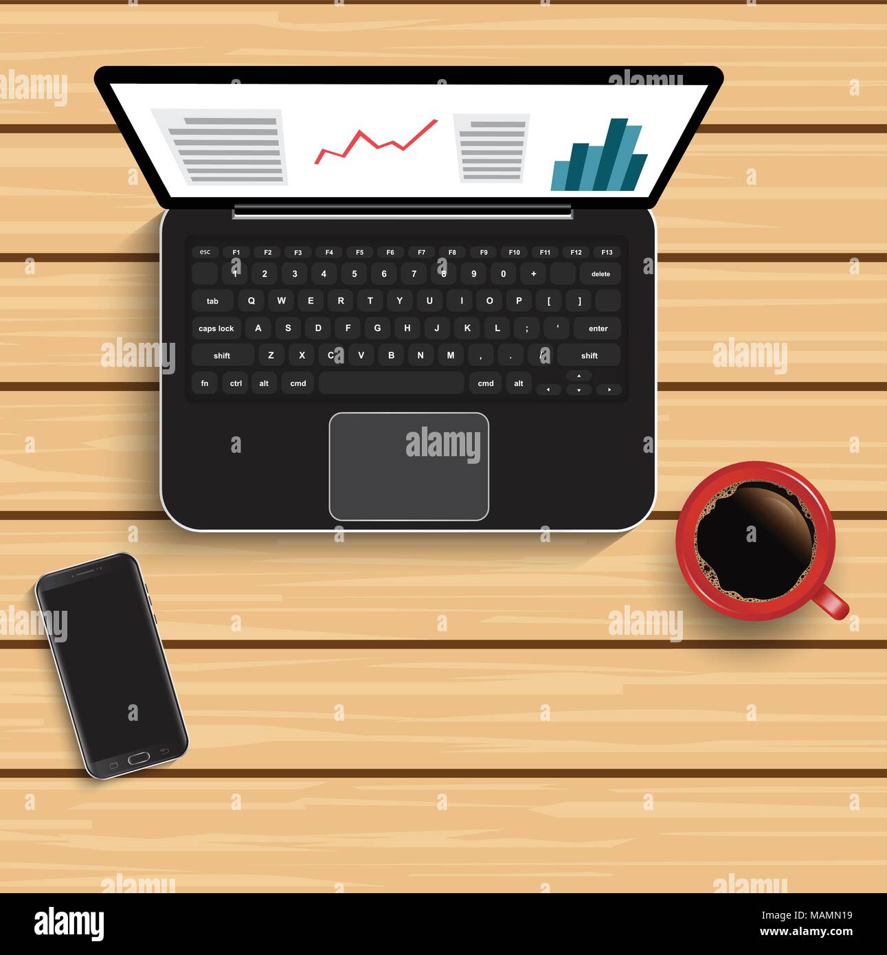 Data interface against high angle view of laptop with notepad and cup of coffee. vector illustrator Stock Vector