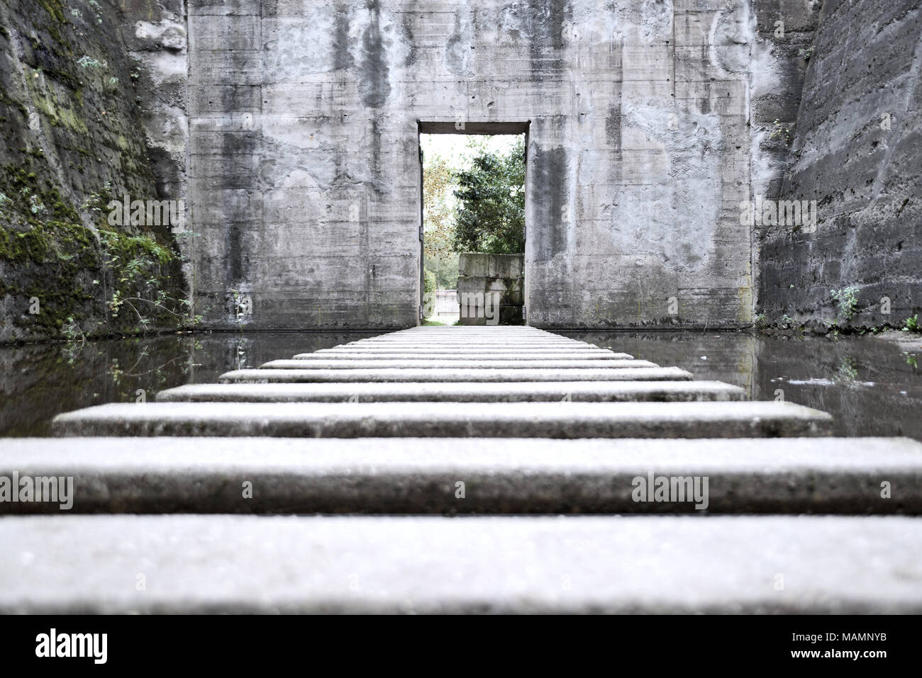 Old bunker or bomb shelter ruin with steps in the water. Abandoned shelter or building, grunge background. Stock Photo