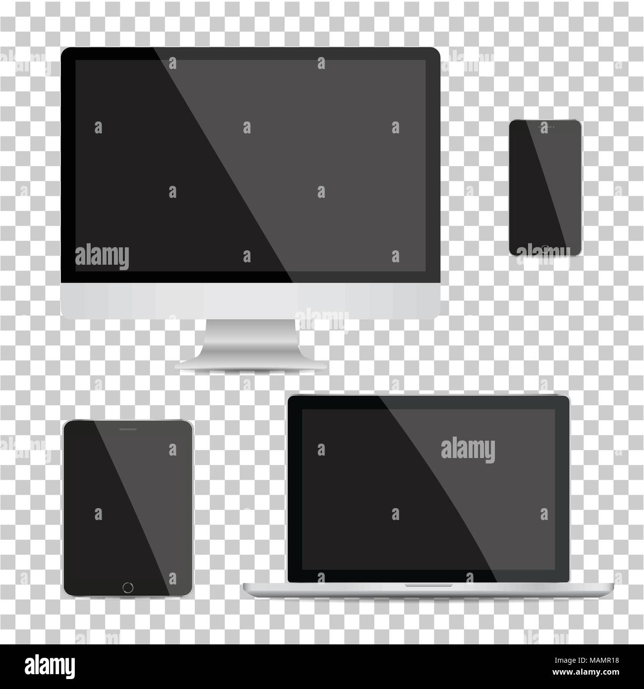 Set of realistic computer monitor, laptop, tablet and mobile phone with empty white screen. Various modern electronic gadget on transparent background Stock Vector