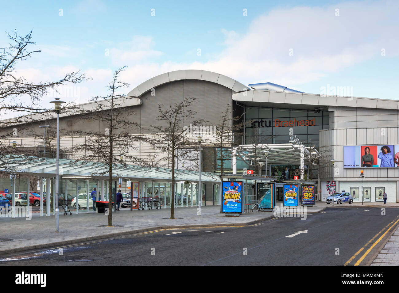 East entrance to INTU Braehead shopping centre with bus stops, Braehead, Glasgow Stock Photo