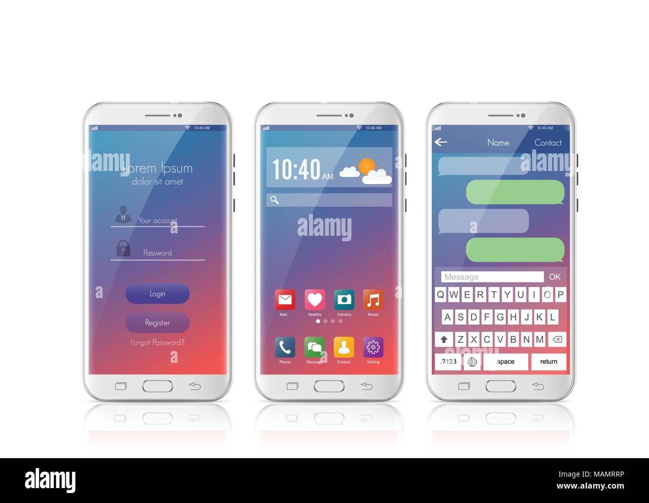 New realistic mobile smart phone modern style. Vector smartphone with UI icons. interface login design and messaging sms app on white background. Stock Vector