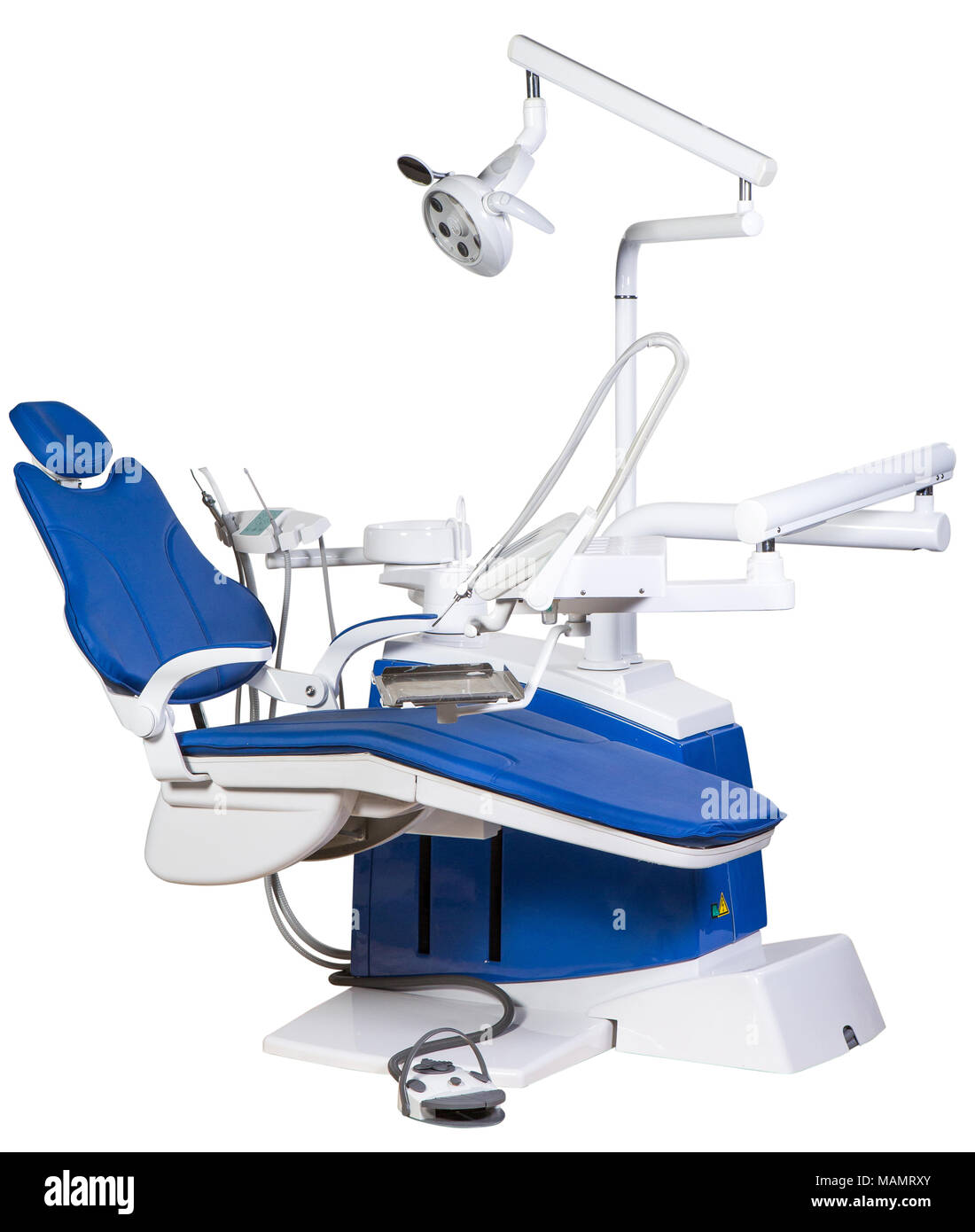 Modern medical special equipment blue dentist chair isolated on white