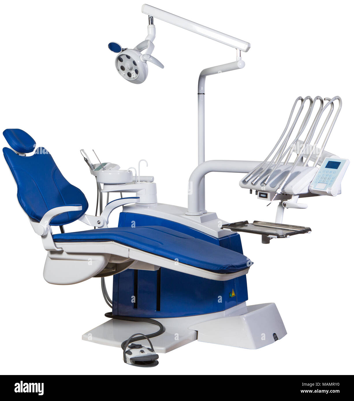 Modern medical special equipment blue dentist chair isolated on white