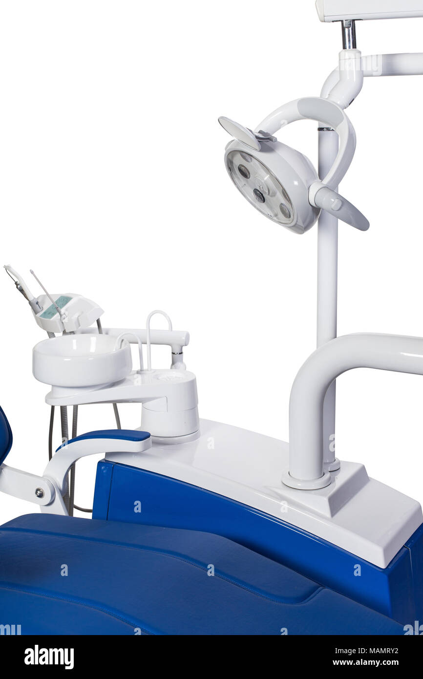 Modern medical special equipment blue dentist chair isolated on white