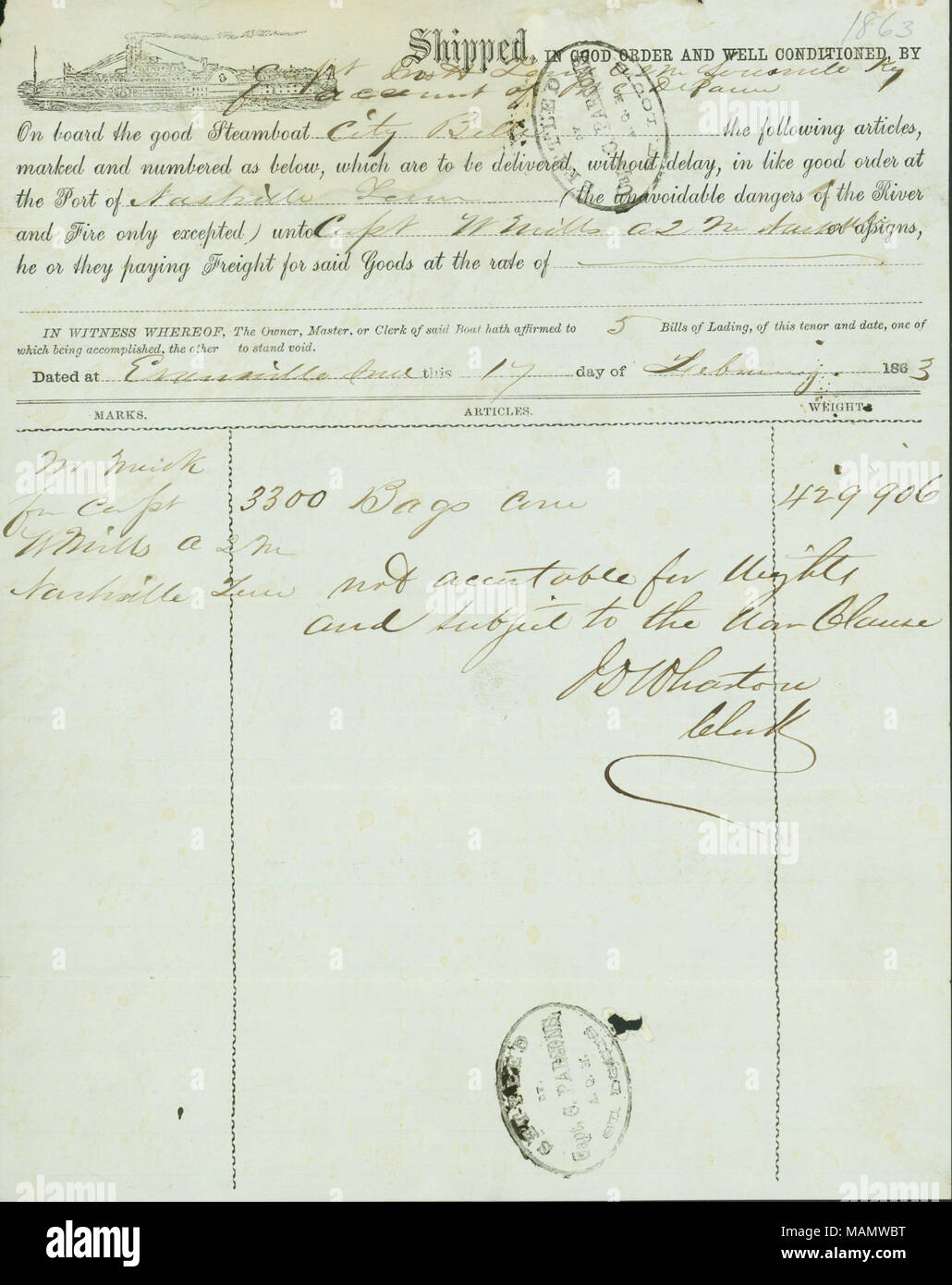 Title: Bill of lading for corn shipped by Captain Jno. H. Ferry ...