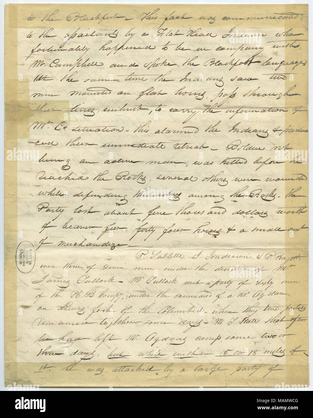 Fragment of letter of William H. Ashley begins: “. . . to the Blackfeet -- This fact was communicated . . .”, page 1, ca. January 20, 1829. William Henry Ashley Collection, Missouri History Museum Archives, St. Louis. ID Number=A0059-00068. File Name=A0059-00068 0001. Stock Photo