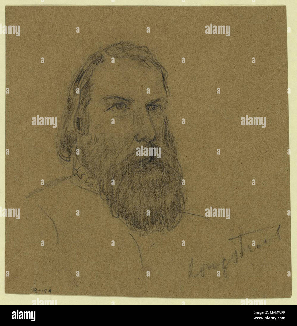 Confederate General James Longstreet. 1 drawing on olive paper: pencil; 8.6 x 8.6 cm. (sheet).  . between 1861 and 1865.   Alfred Waud - Stock Photo