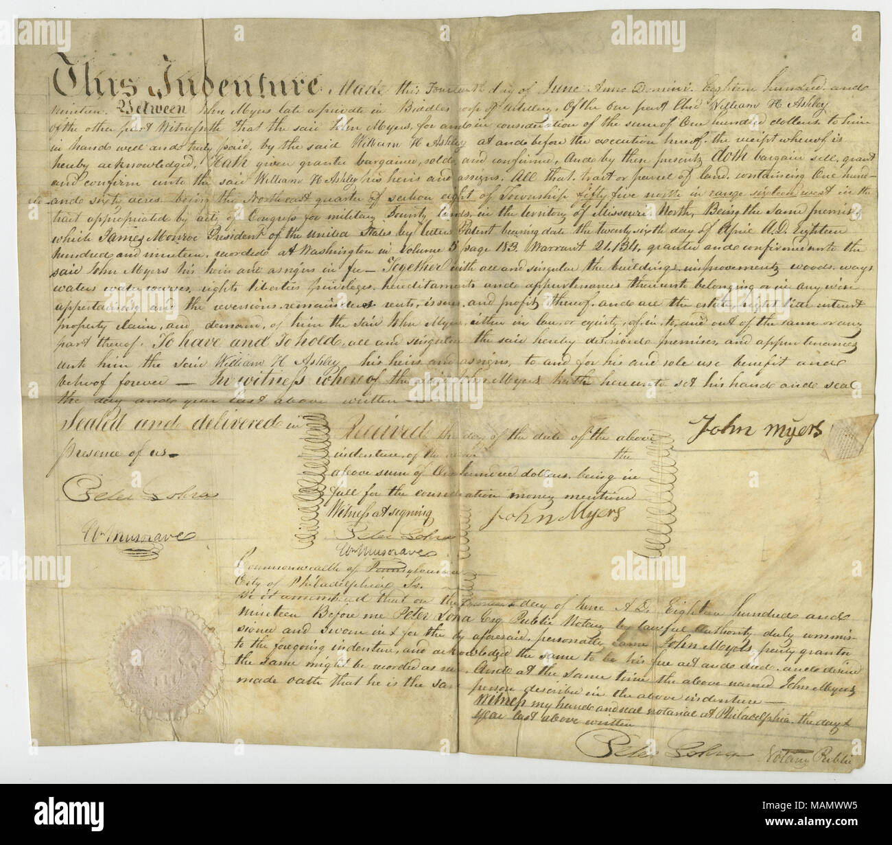 Deed of John Myers (late a private in Biddle’s Corps of Artillery) to ...