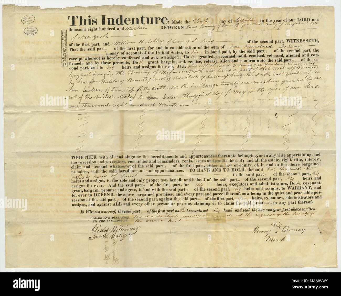 Land comprises northeast quarter of section 14, township 58 north, range 21 west. Title: Deed of Henry Conway, Greenbush, Rensselaer County, New York, to William H. Ashley, St. Louis, for 160 acres of Missouri military bounty land for $100, September 10, 1819  . 10 September 1819. Stock Photo