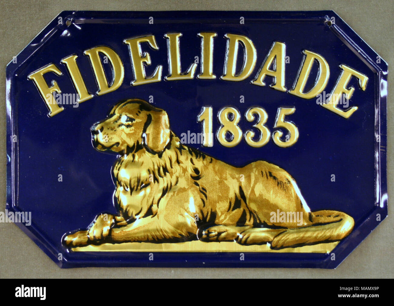 Pressed tin firemark for Companhia de Seguros Fidelidade in Lisbon, Portugal showing raised gold dog lying down with compnay name also in gold on dark blue background Title: Fire mark for Companhia de Seguros Fidelidade in Lisbon, Portugal  . after 1835. Stock Photo