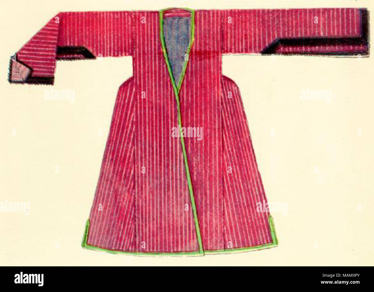 CENTRAL CAUCASUS. Georgian woman's garment; beginning of 19th cent., from Tiflis This costume is made of silk striped kaftan cloth. Blue flannel is used to line bodice, grey silk for sleeves, which are slit at ends. The front and lower seams are edged with green silk, the sleeves decorated with black braid. The somewhat broadly projecting parts above the hips are characteristically Persian. Orig. in the Costume Depart. of the National Theatre, Tiflis.  . 1922.   Max Karl Tilke - Stock Photo